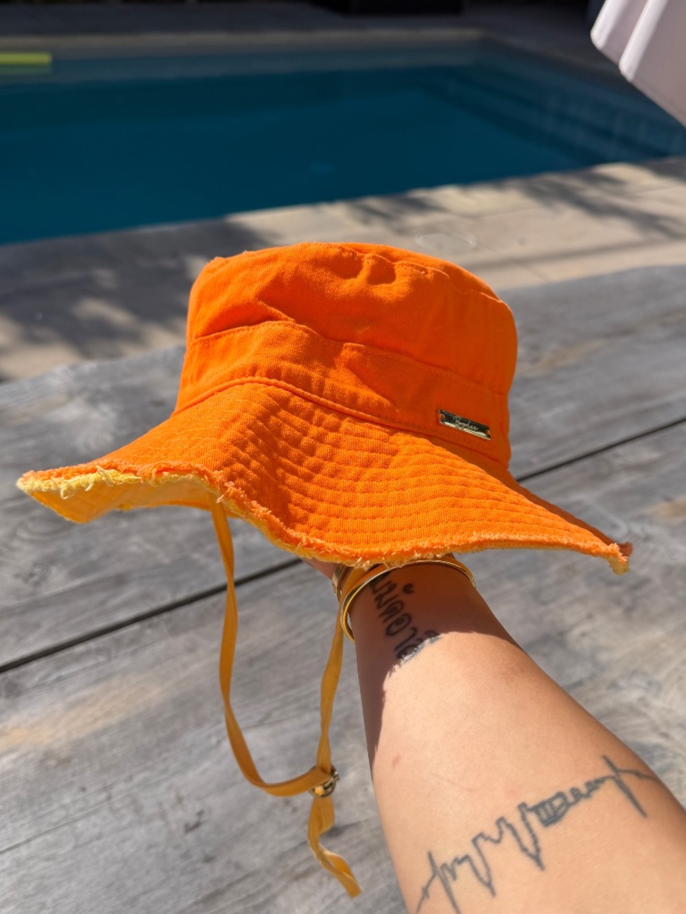 Bydee Bucket Hat Orange Frayed Brim with Chin Strap - One Size